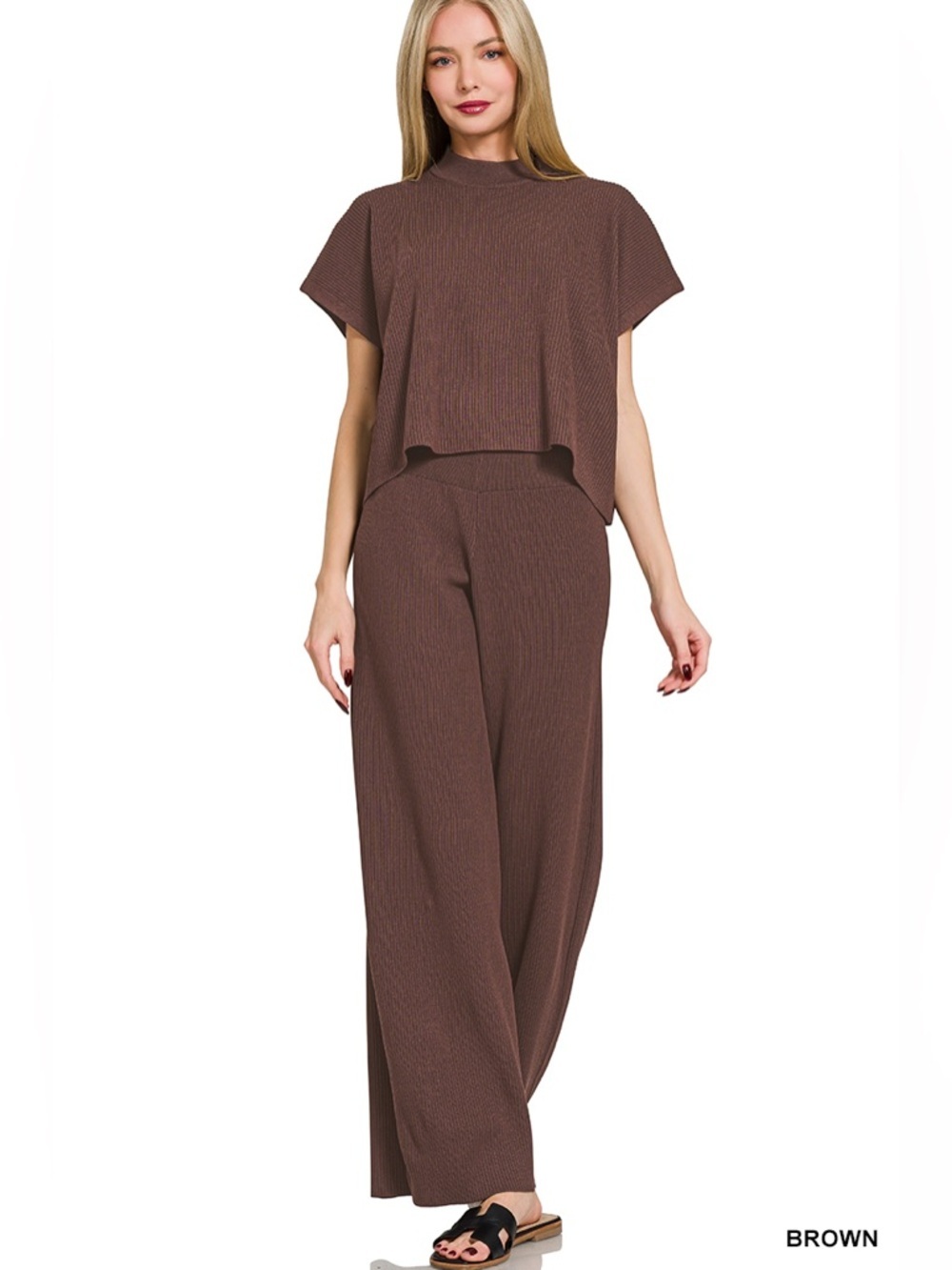 NEW Zenana Brown Viscose Ribbed Matching Set Top & High Rise Pants Size Large - Picture 2 of 5